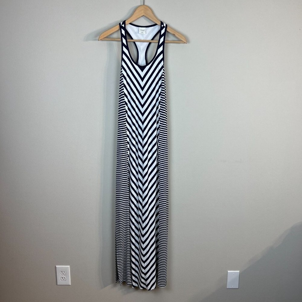 Soma Maxi Dress Women XS Navy Blue White Stripes Racerback Side Slits Sleeveless